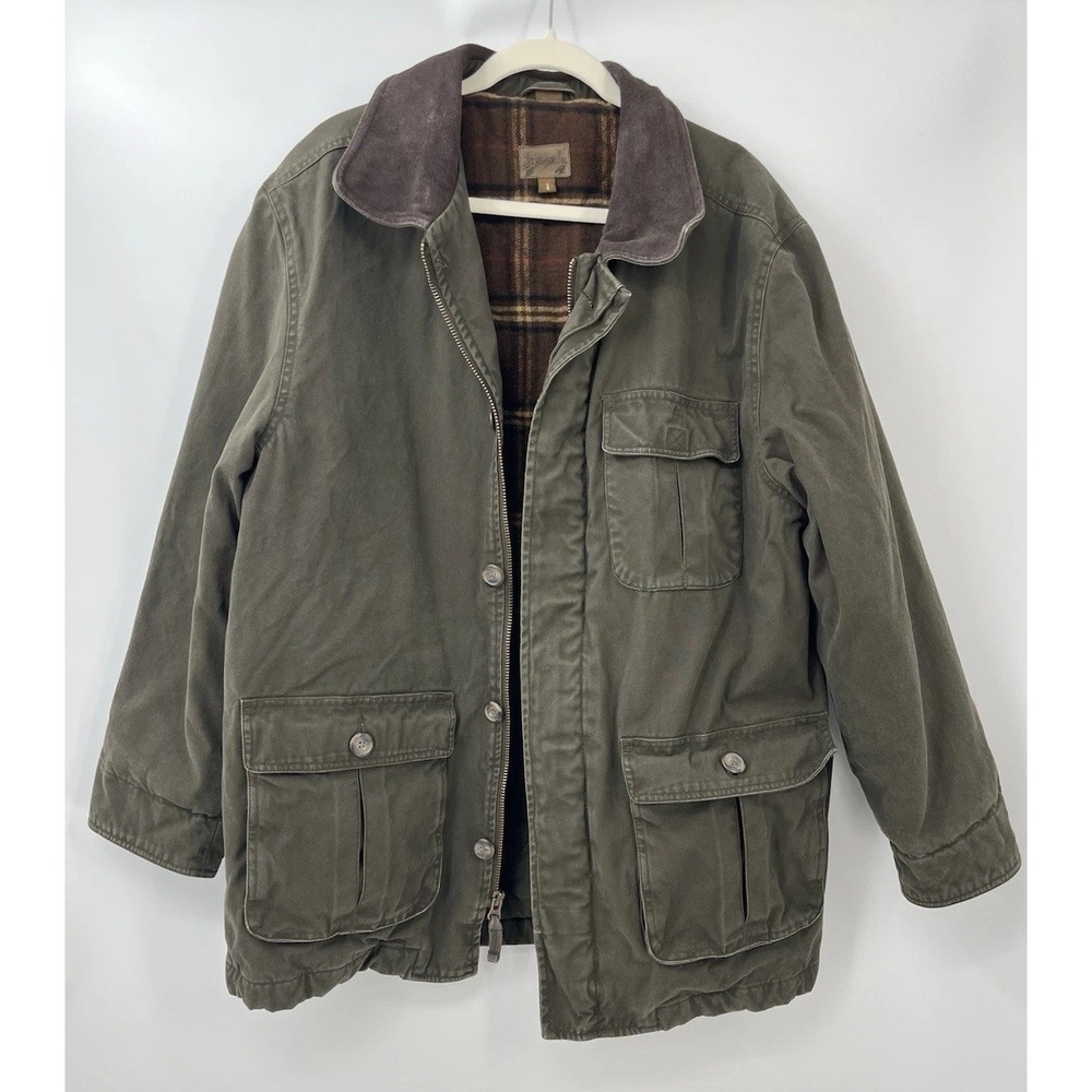 St Johns Bay Jacket L Barn Chore Coat Green Plaid Lining Outerwear Contrast